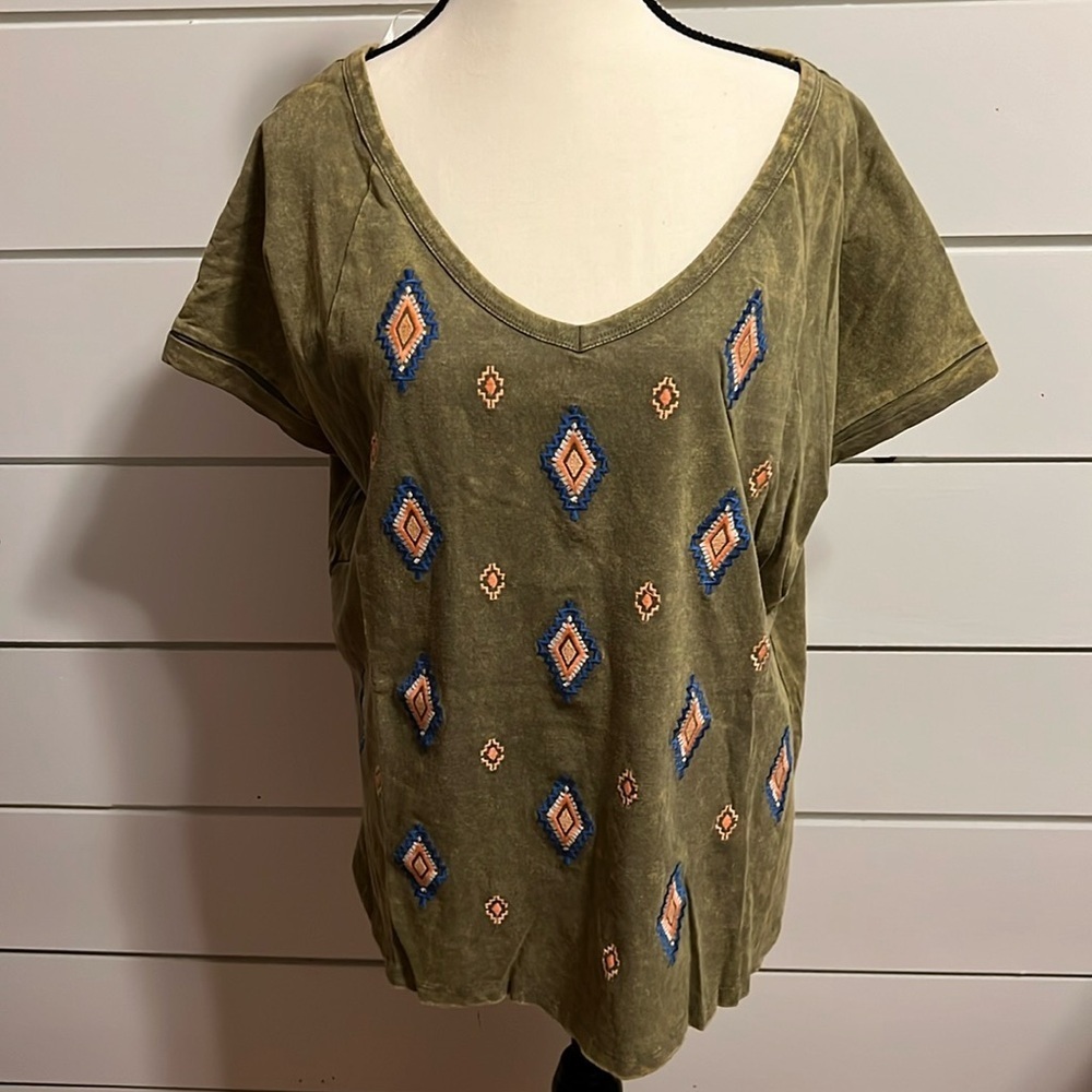 Miss Me Olive Green Short Sleeve Tee with Blue & Peach Embroidery
